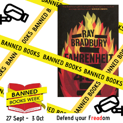 farenheit 451 book cover with banned books crime scene tape