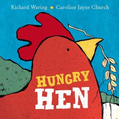 Hungry Hen.  A red and orange illustration of a hen with a piece of corn in her mouth.