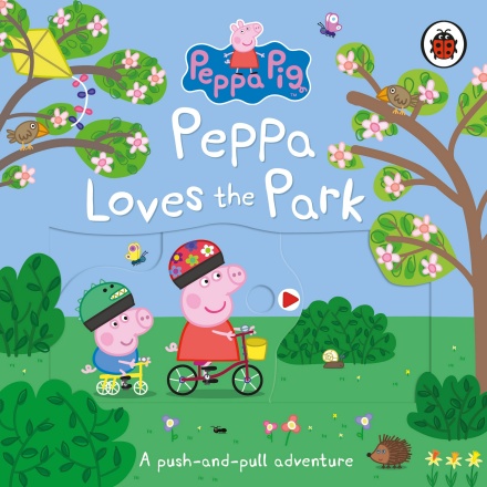 Peppa Loves the Park book cover. Peppa Pig and her little brother are both on bikes, cycling through the park. 